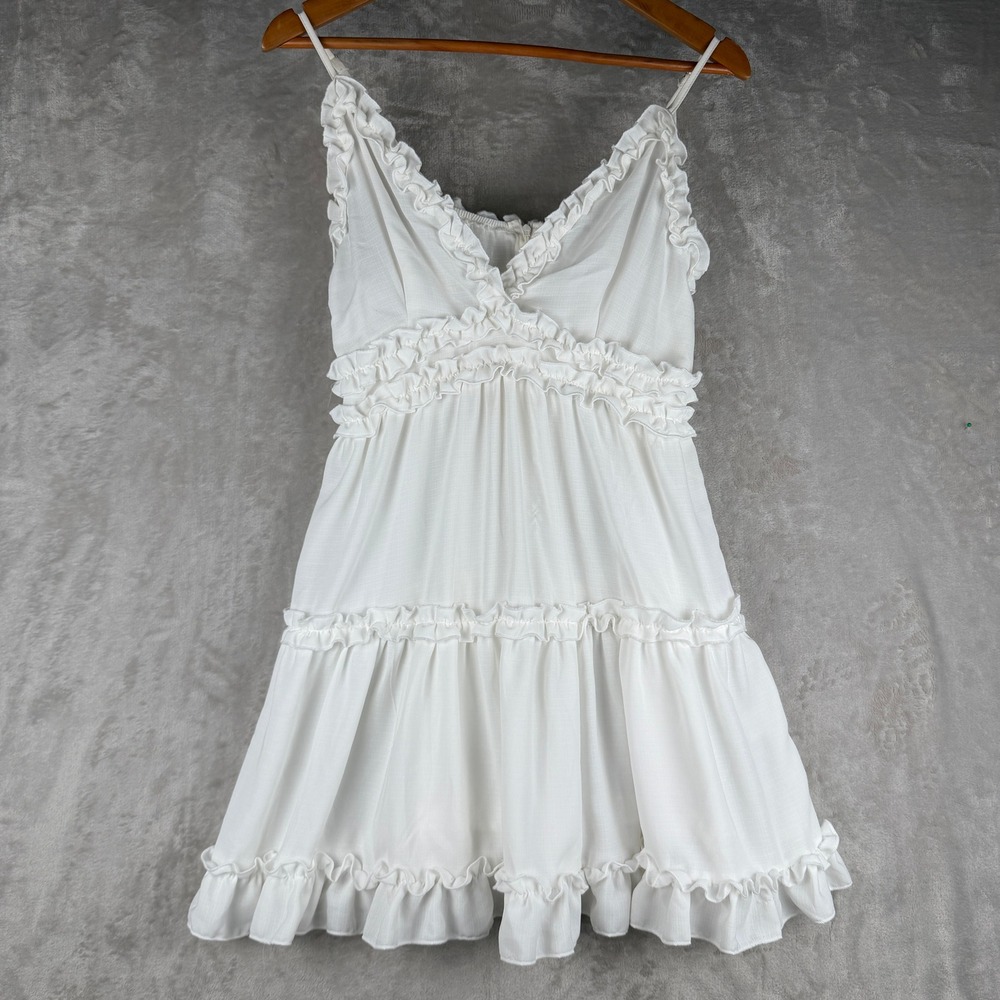 IRIS‎ White Ruffle Tiered Mini DressWomens Size Medium V-Neck Boho Summer